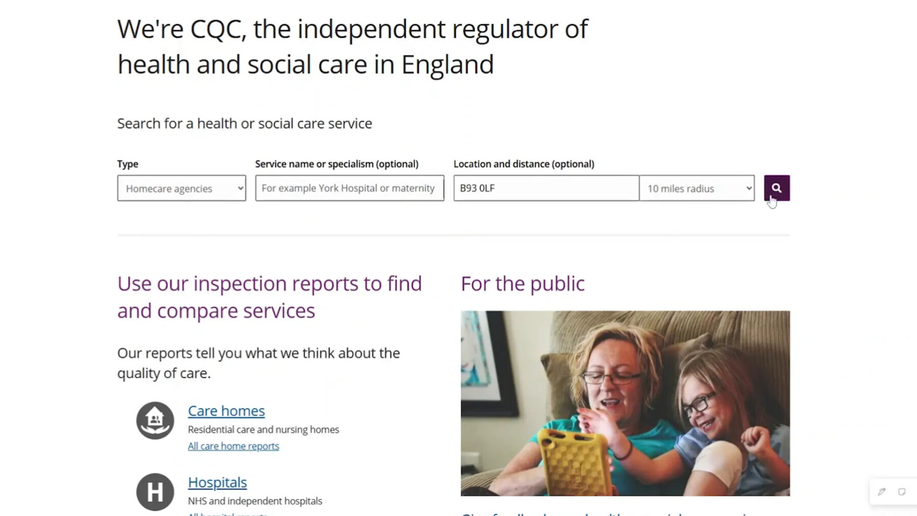 Selecting home care provider type and location on CQC website